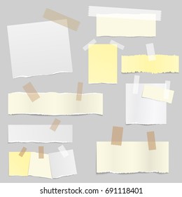 Paper banners with notes set attached with sticky colorful tape isolated realistic vector illustration. Pieces of different size ripped note, notebook, copybook sheets stuck with sticky tape