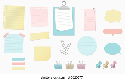 Paper banners notes set with sticky tapes, pins, clips and scotch. Vector illustration