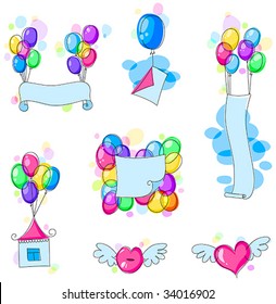 paper banners and other elements with colorful balloons
