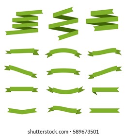 Paper banners ribbons in origami style. Set of banner ribbon templates for decoration and advertisement. White background. Vector illustration. Green color.
