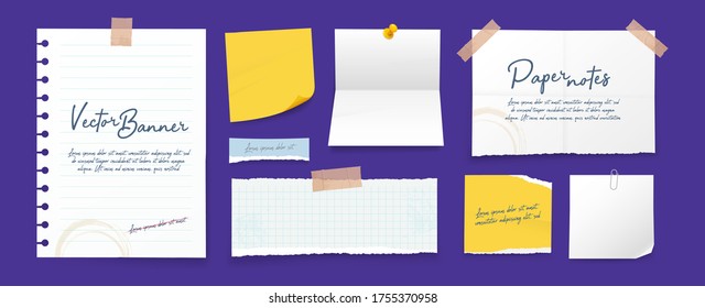 Paper banners set, white sheets pinned on wall. Memo pads, ragged pages, daily planner, empty notes. Isolated realistic vector illustration