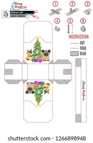 paper basket pattern with christmas tree and animals. stock image vector