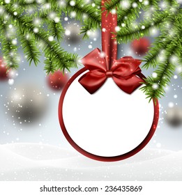 Paper bauble. Winter background with spruce twigs. Vector illustration. 