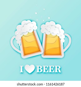 Paper beer mug with white foam and bubbles. Vector paper cut craft beer poster, banner, Oktoberfest flyer design template in pastel colors