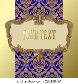 Paper beige baroque frame against a gold blue vintage background. Vector illustration