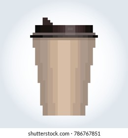 Paper beige coffee cup on a gray-blue gradient background. Coffee to go. Pixel art.