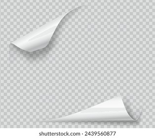 Papier mit gebogenen diagonalen Ecken realistische Vektor-Illustration. Banner-Design. Gerolltes Notebook-Seitenränder-3D-Modell auf transparentem Hintergrund
