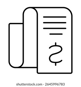 Paper bill with currency thin line icon, exhibition concept. Vector graphics. Dollar check, money payment sign on white background, style mobile or design