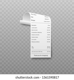 Paper bill or financial check in realistic style isolated on transparent background - shop or supermarket receipt or invoice. Vector illustration of atm dispenser or retail ticket.