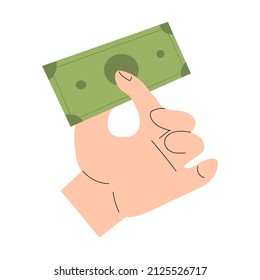 Paper bill in hand. Cashback, financial assistance and support. Currency concept. Vector isolated flat illustration. White background