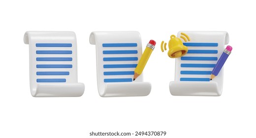 Paper bill and pencil icon set 3d rendering vector illustration