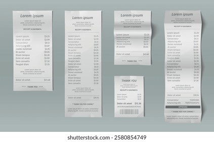 Paper bill receipt mockup collection of different formats - short service slip, detailed itemized check, payment confirmation with barcode, long cash register ticket. Professional template with prices