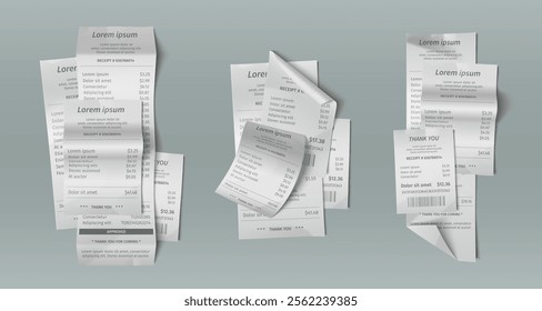 Paper bill receipt pile mockup - scattered payment documents with prices, barcodes and transaction details. Thermal printed slips in heaps - various retail, restaurant or service checkout formats.