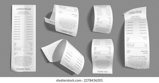 Paper bill receipt from supermarket. Isolated vector shop check after payment in restaurant. Realistic ticket or voucher mockup. Bank atm print cheque set financial illsutartion. Checkout in cafe.