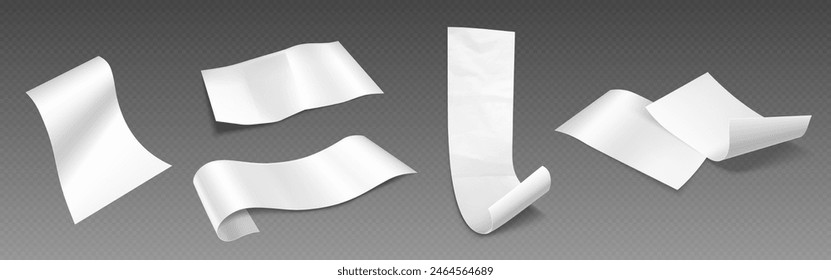 Paper bill or shop payment receipt isolated mockup. Supermarket invoice for grocery 3d vector. Falling restaurant pos cheque realistic. Blank ticket or voucher sheet top view. White atm reciept