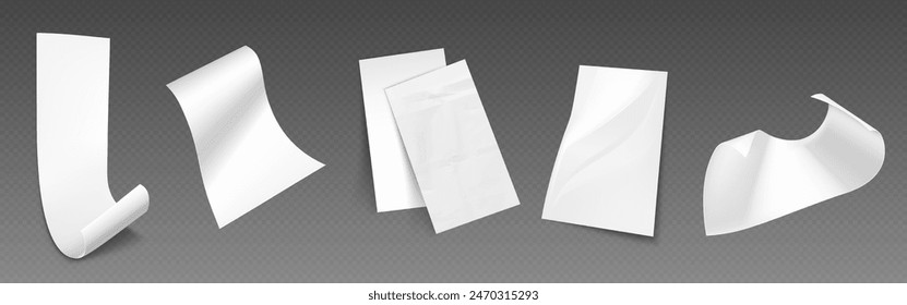 Paper bill or shop payment receipt isolated mockup. Supermarket invoice for grocery 3d vector. Falling restaurant pos cheque realistic. Blank ticket or voucher sheet top view. White atm reciept