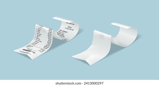 Paper bills realistic vector illustration set. Blank and filled receipts for purchases in shop. Financial documents 3d elements on light blue