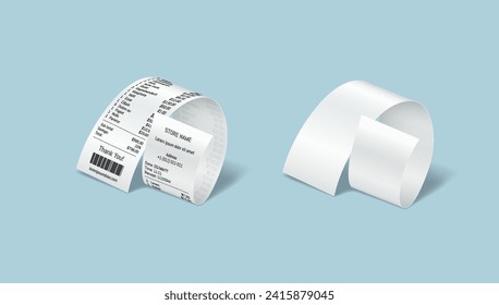 Paper bills realistic vector illustration set. Blank and filled receipts for purchases in shop. Financial documents 3d elements on light blue
