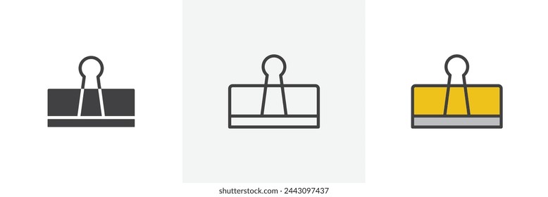 Paper Binder Clip and Office Supply Icons. Metal Document Clipping and Stationery Organizing Symbols.