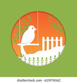 Paper bird in nature, origami concept.For web site, poster, placard, greeting card and wallpaper