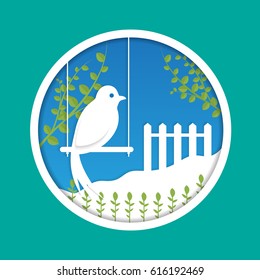 Paper bird in nature, origami concept.For web site, poster, placard, greeting card and wallpaper