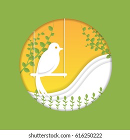 Paper bird in nature, origami concept.For web site, poster, placard, greeting card and wallpaper