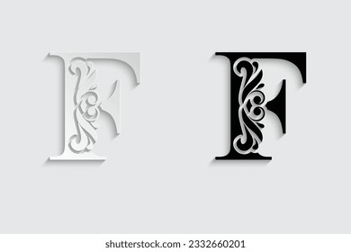 paper and black letter F. Black flower alphabet.  Beautiful capital letters.