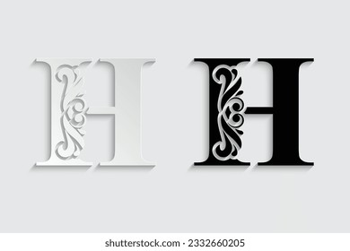 paper and black letter H. Black flower alphabet.  Beautiful capital letters.