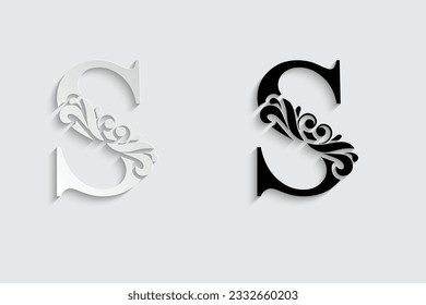 paper and black letter S. Black flower alphabet.  Beautiful capital letters.