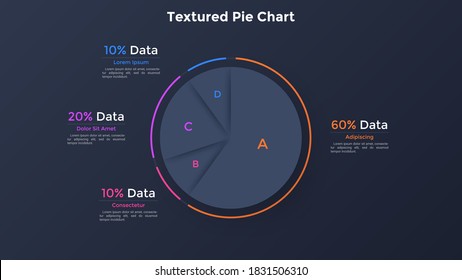 Paper black pie chart divided into 4 sectors and percentage indication. Concept of four parts of business project. Minimal infographic design template. Flat vector illustration for data visualization.