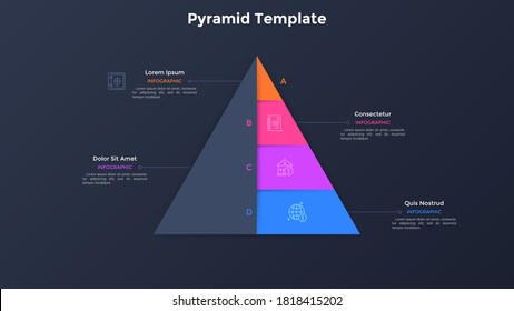 Paper black pyramid with four colorful layers. Concept of 4 stages of business development strategy. Minimal infographic design template. Modern flat vector illustration for presentation, banner.