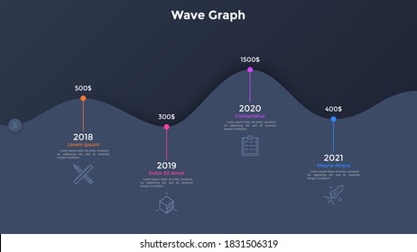 Gráfica de escala de tiempo de onda negra de papel con 4 pasos e indicación de año. Concepto de cuatro hitos anuales de desarrollo financiero de las empresas. Plantilla moderna de diseño infográfico. Ilustración vectorial simple.