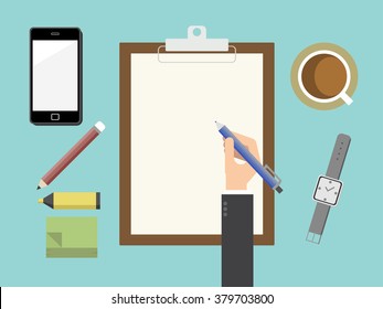 Paper blank clipboard. Top view style. Flat design for business financial marketing banking advertising web concept cartoon illustration.