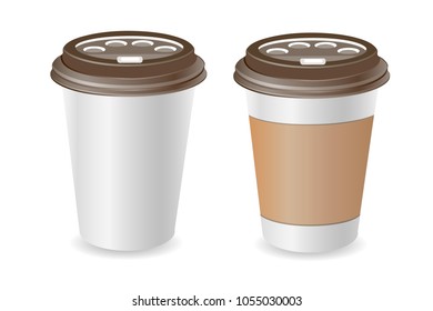 Paper blank coffee cup. Plastic and carton brown coffee or tea cup mock Up. Isolated on white background. Vector Illustration