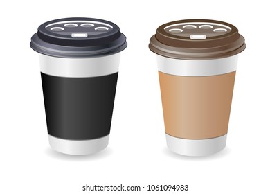 Paper blank coffee cup. Plastic and carton black and brown coffee or tea cup mock Up. Isolated on white background. Vector Illustration