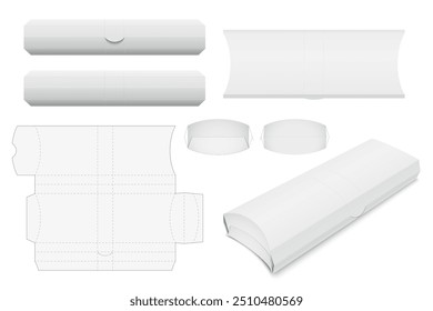 Paper blank delivery box for sushi rolls. Set of various views with die cut template. Vector realistic packaging mockup isolated on white background.