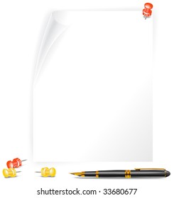 Paper blank leaf, writing buttons and pencil, vector illustration