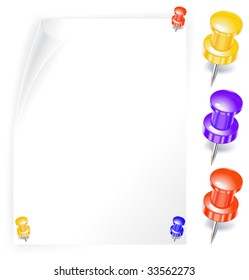Paper blank leaf, writing color buttons, vector illustration