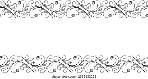 Paper blank with patterned edge. Black floral seamless border. Elegant lacy ornament of swirls and curved lines. Monochrome filigree plant graphic pattern. Poster design with decor and space for text.