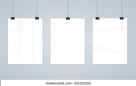 Paper Blank Photo Frames or Poster Templates Hanging on Clips for Business Presentations, Place for Text. Vector illustration