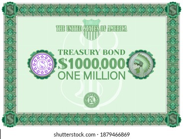 Paper blank sample of a USA Treasury bond with a par value of 1000000 dollars. Frame with guilloche mesh and patterns. EPS10