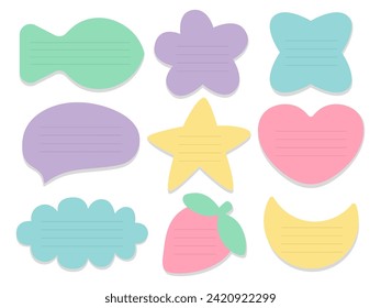 Paper blank sticky note flat set. Flat memo stickers different shapes vector set