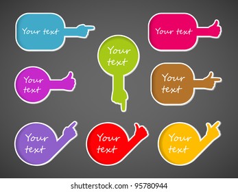 Paper blank vector colorful sticker set in form bubble speech with hand.