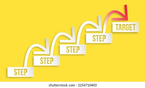 Paper blocks with words step and target. Stairs up as a symbol of career growth up or business success. Step by step - performance and improvement. Upstairs, Up Stair Arrow, Escalator sign.
