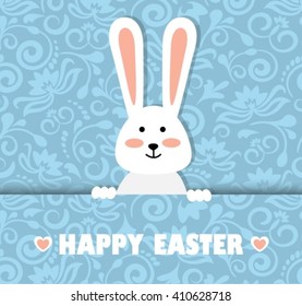 Paper blue background with a pattern and white cute easter bunny