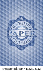 Paper blue emblem with geometric pattern background.
