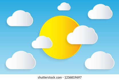 Paper blue sky with sun abstract background with origami clouds.