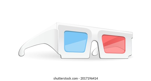 Paper blue-red 3D stereo glasses for watching movies. 3D glasses cartoon icon isolated on white. Vector illustration