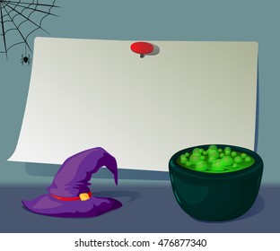 paper board with hat and cauldron