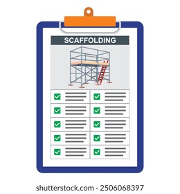 Paper board holder with green checkmark item point of checking of scaffolding installation safety. Vector illustration of inspection checklist document.